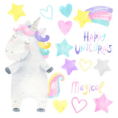 Watercolor funny unicorn. Сlouds, stars, rainbow, diamonds. Nursery Clipart, cute, big dreams, magic, fairy tale illustrations. Pastel colors for girls. Unicorn card, greeting card, invitation card	