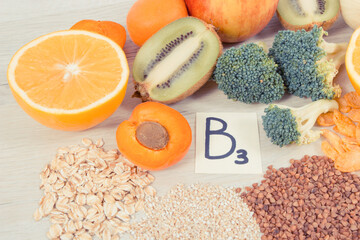Ingredients containing vitamin PP, B3, dietary fiber and natural minerals, healthy eating concept