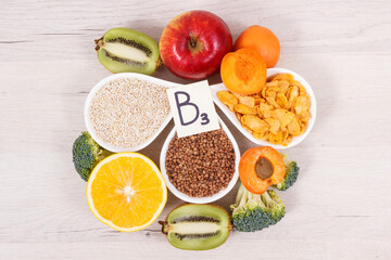 Ingredients and products containing vitamin B3 and other natural minerals, healthy nutrition concept
