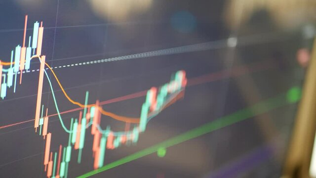Crypto currency stocks on a computer monitor with a candlestick price chart for technical analysis and day trading blurred background.