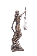 Statue of justice isolated on white, law concept