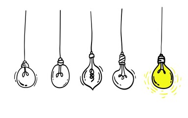 Fototapeta na wymiar Vector set of hand drawn light bulb set. idea concept with lightbulbs doodle illustration