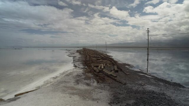 Abandoned Railway Track at Chaka Salt Lake, China - Handheld Shot