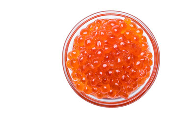Salmon Red Caviar. Red fish caviar in glass bowl. Raw seafood. Luxury Russian delicacy food. White...
