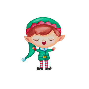 Christmas elf watercolor art. Cute little helper elf in green costume isolated on white background. Hand drawn male Xmas cartoon character. Painted clipart.