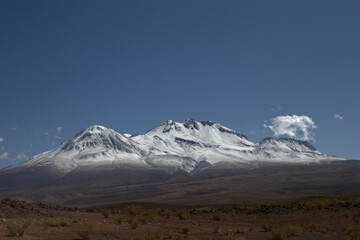 Snowy Andean volcano mountain close to northern chilean argentinean border in a shiny blue sky day.