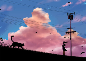 vector illustration of the silhouette of a Japanese girl student standing on the road in the countryside in the evening
