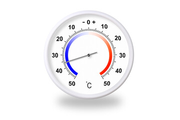 Outdoor thermometer on white background. Ambient temperature minus 36 degrees celsius