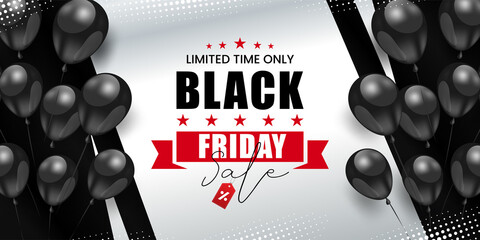 Black Friday sale banner with red ribbon, black balloon on abstract background.  Vector Illustration.