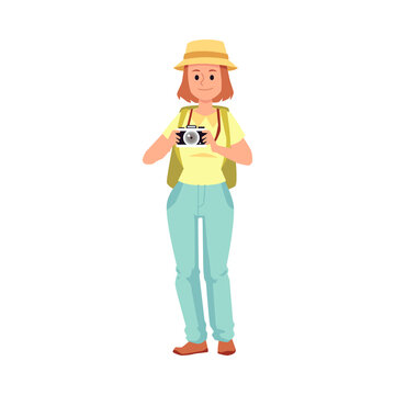 Woman with camera tourist or traveler, flat vector illustration isolated.