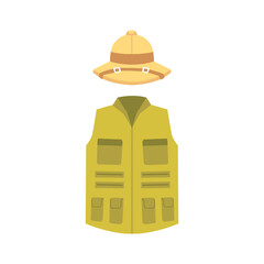 Cartoon safari clothing - topee hat and green vest isolated on white background - obrazy, fototapety, plakaty