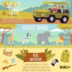 Africa safari tour banner set - cartoon people on African expedition