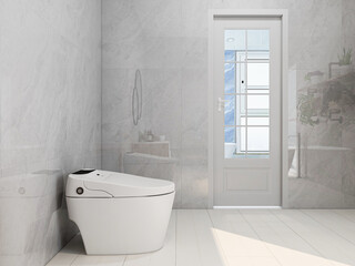 Obraz na płótnie Canvas The bright and clean bathroom has bathtub, washstand and so on