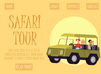 Cartoon people in safari tour truck - website banner template