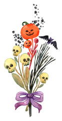 Halloween creepy arrangement. Spooky halloween skull, pumpkin,bat. Hand drawn watercolor illustration. 