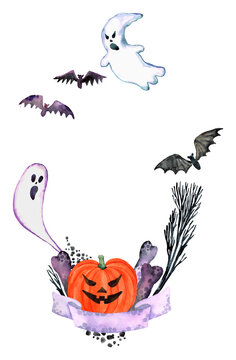 Halloween  border. Spooky watercolor halloween frame. Hand drawn creepy ghost, pumpkin, bat, skull. Halloween party invitation, card, poster, banner, template