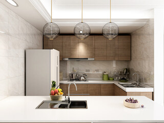 The modern clean kitchen has clean kitchen utensils and countertops

