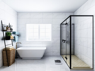 Fototapeta na wymiar The bright and clean bathroom has bathtub, washstand and so on