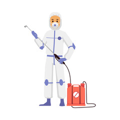 Pest control worker holding blowgun, flat vector illustration isolated.
