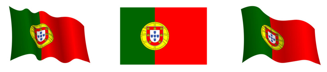 Portugal flag in static position and in motion, developing in wind in exact colors and sizes, on white background