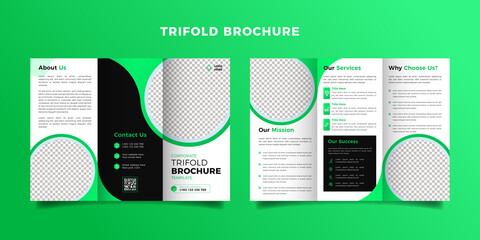 Corporate trifold brochure template. Modern, Creative and Professional tri fold brochure vector design. Simple and minimalist promotion layout with Green
