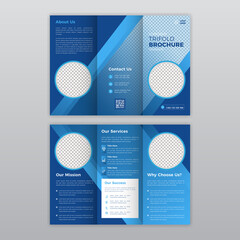 Corporate trifold brochure template. Modern, Creative and Professional tri fold brochure vector design. Simple and minimalist promotion layout with blue