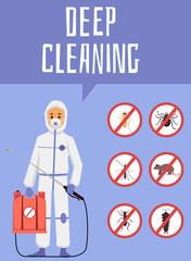Deep cleaning pest control service poster, flat cartoon vector illustration