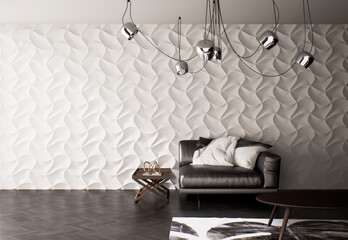 Mock up in stylish interior background, living room with white wall design, modern vintage style, 3d render background