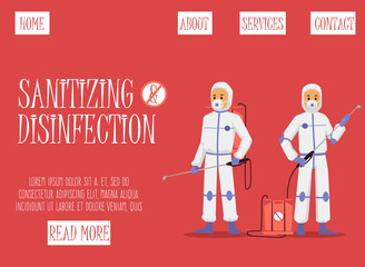 Sanitizing disinfection services landing page, flat cartoon vector illustration
