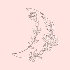 Floral Moon of Lisianthus Flowers in a trendy minimal linear style. Vector Crescent outline icon for Tattoo design, logo, wedding invitation, greeting card, t-shirt print