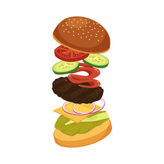 Jumping burger ingredients and ads flat vector illustration isolated on white.
