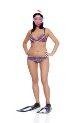 Woman with mask tuba, flippers and snorkel.