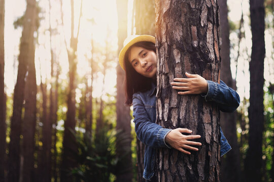 tourist Stand and embrace the tree Represents love for nature