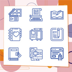 Simple set of 9 icons related to written material