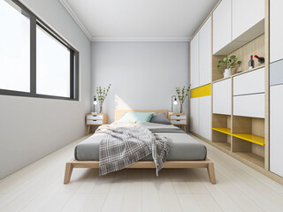 A clean and tidy bedroom has a bed, a bedside table, a dressing table, etc