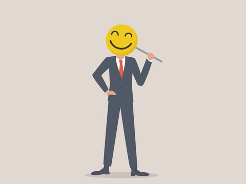 Businessman hide his real face by holding smile mask. fake happy concept
