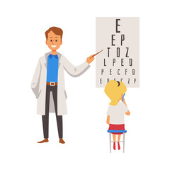Ophthalmology and optometry for children, flat vector illustration isolated.