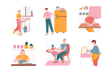 Vector illustration set of people cooking food at home. Man and woman cartoon characters eat and cook at home kitchen. Chef, kitchen table, breakfast