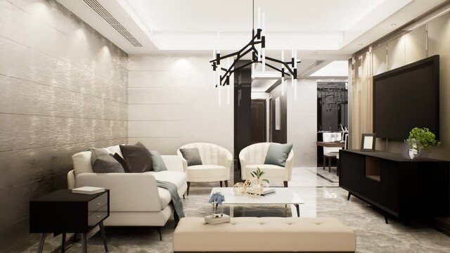 3D rendering luxury living room interior design, pan right shot, video 4K animation