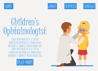 Children ophthalmologist web banner with little girl flat vector illustration.