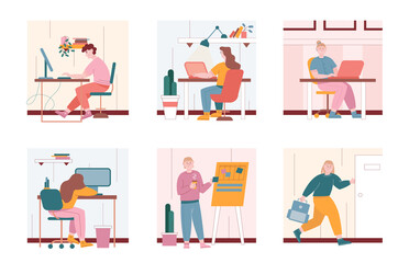 Man and woman characters work with laptop computers in office. Vector illustration set of people in workplace at home. Pupils do homework in school and at home. Man put stickers to scrum board