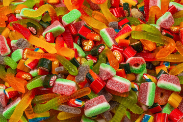 Assorted gummy candies. Top view. Jelly  sweets background.