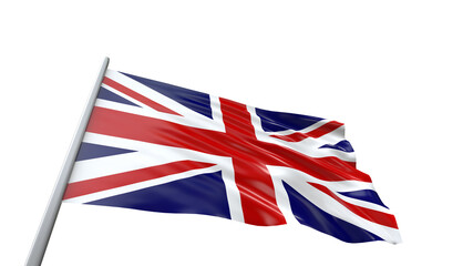 3D render United Kingdom Flag with flag pole waving in the air. High Resolution Flag of Great Britain silk. UK Flag Isolated on white background with Clipping Path. 8K