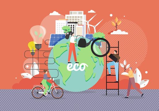 Green eco city, alternative energy sources, people taking care of planet Earth, riding bike, flat vector illustration.