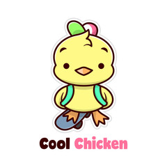 CUTE LITTLE YELLOW CHICKEN STANING ON A SKATE BOARD