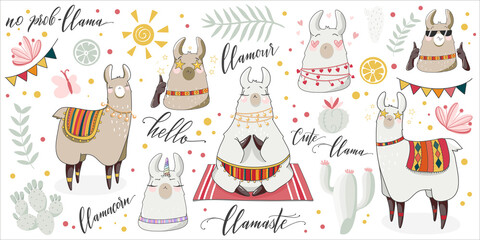 Cute lama and cactus summer illustration set. Alpaca hand drawn cartoon characters with lettering quotes. Vector elements for card and sticker design