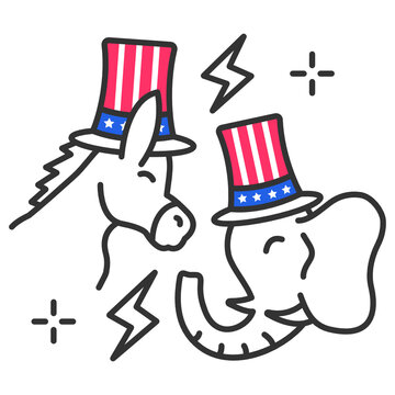 Democratic Donkey & Republican Elephant Rivalry with Thunder Bolt Concept, Political Animals wearing Magician Hat Vector Icon Design, Presidential election in United States Symbol on White background 