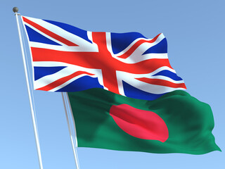 The flags of United Kingdom and Bangladesh on the blue sky. For news, reportage, business. 3d illustration