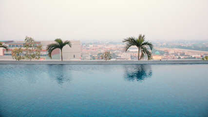 Fototapeta na wymiar Infinity pool with palm trees and city view 