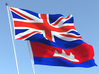 The flags of United Kingdom and Cambodia on the blue sky. For news, reportage, business. 3d illustration